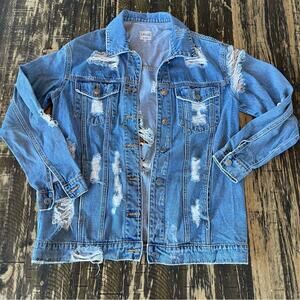 CELLO - Long Distressed Jean Jacket Coat - XSMALL (Runs Oversized)